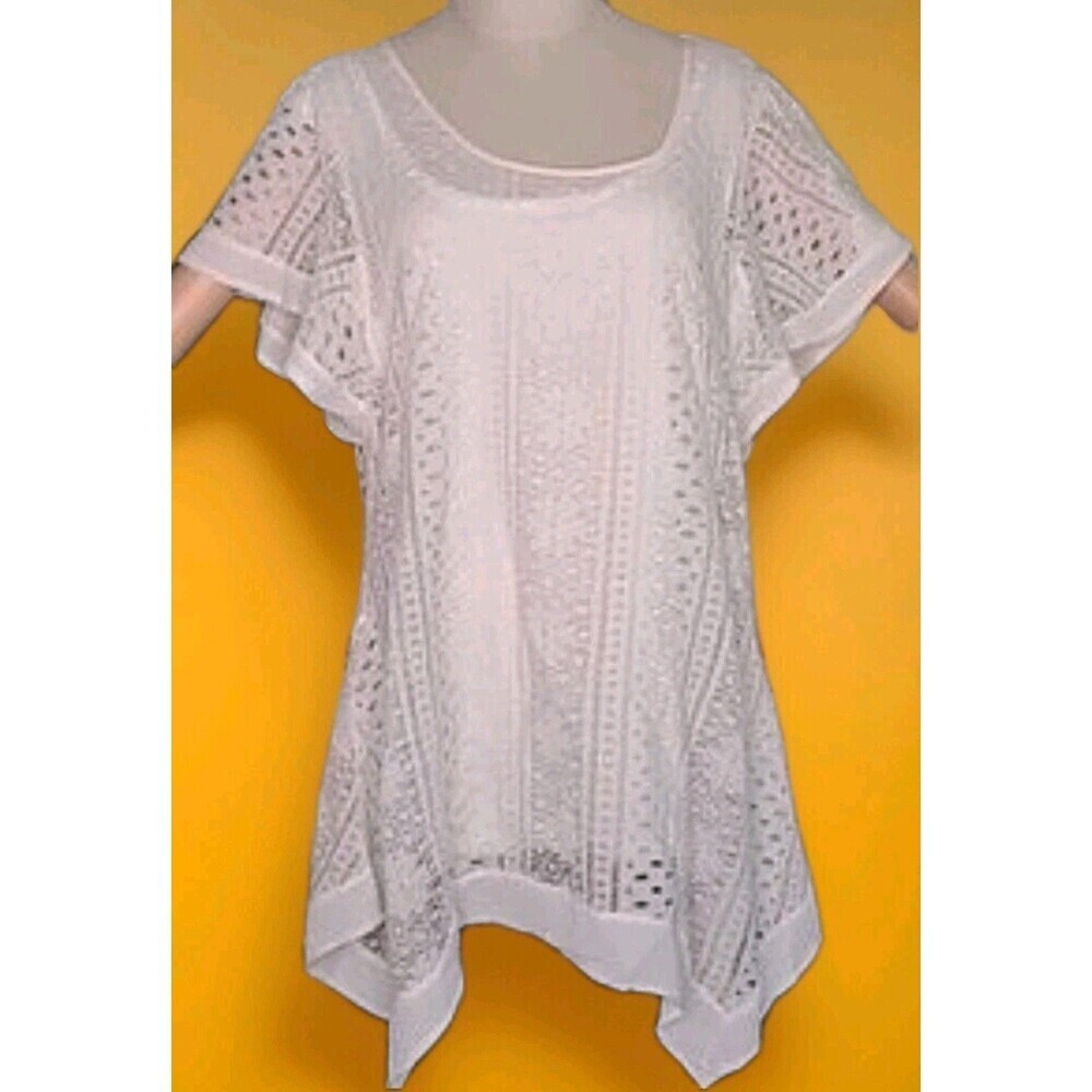 ONE WORLD White Crochet Knit Flutter Sleeve Tunic Top
